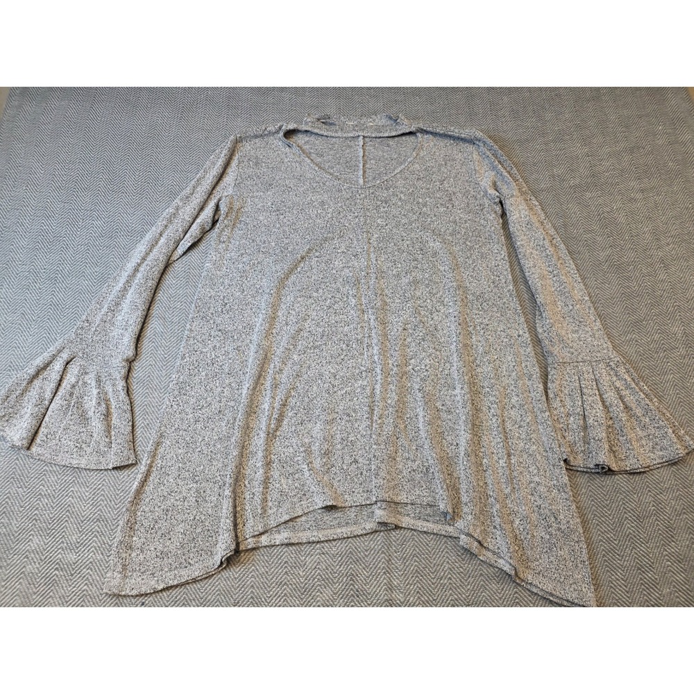 Paper + Tee Tunic Top Women's L Gray Marled Bell Sleeve Shark Bite Choker V-Neck